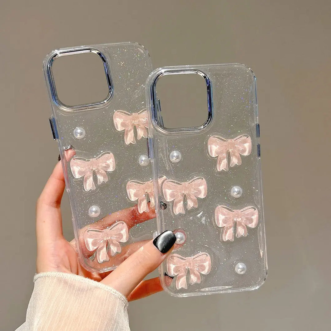 Cute Pink Bowknot Pearl Clear Phone Case For iPhone Shockproof